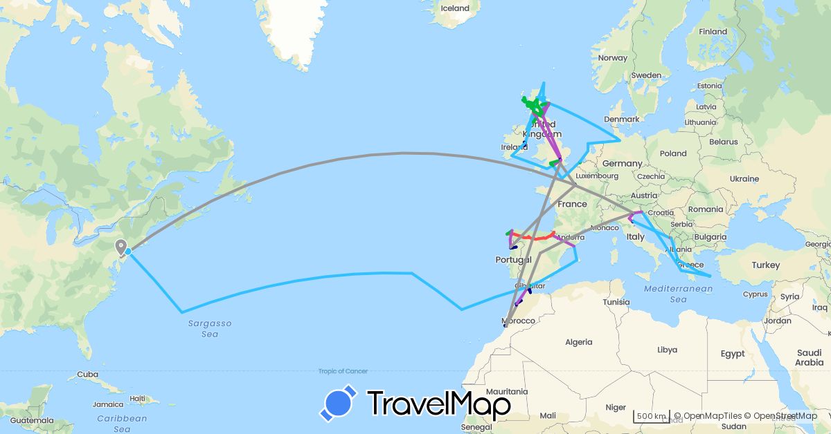 TravelMap itinerary: driving, bus, plane, train, hiking, boat in Belgium, Bermuda, Germany, Spain, France, United Kingdom, Gibraltar, Greece, Ireland, Italy, Morocco, Montenegro, Netherlands, Portugal, United States (Africa, Europe, North America)