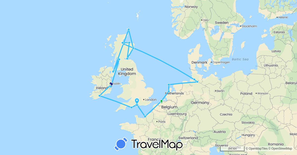 TravelMap itinerary: driving, bus, boat in Belgium, Germany, France, United Kingdom, Ireland, Netherlands (Europe)