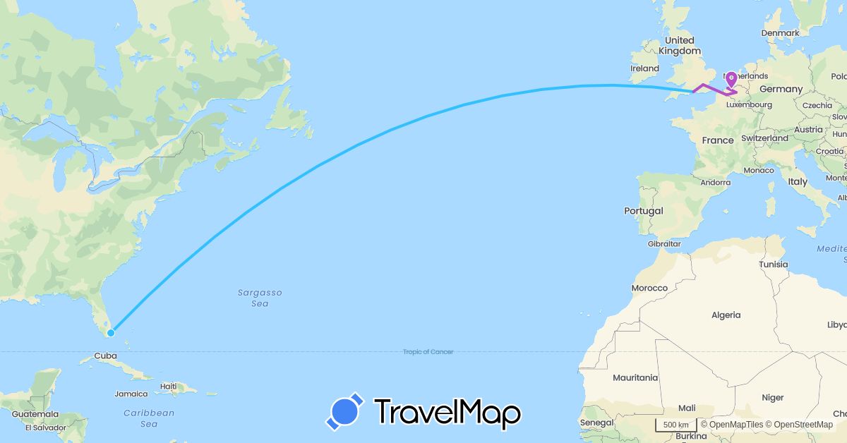TravelMap itinerary: driving, train, hiking, boat in Belgium, France, United Kingdom, United States (Europe, North America)